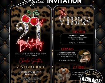 21st Cheetah Print Birthday Invitation & Vibes Leopard Print Evite, Animated Red Cherry Party Flyer, Adult Birthday Dinner and Drinks Invite
