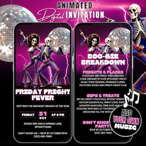 May include: Animated digital invitation for a Halloween disco party. Features skeleton figures in disco attire, with text including "Friday Fright Fever" and "Boo-gie Breakdown." Includes event details and a call to RSVP.