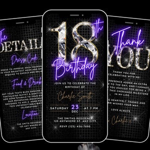 Invitation numérique animée à une fête d'anniversaire pour les filles, modèle d'invitation diamant pour 18e anniversaire, Evite néon, itinéraire et carte électronique de remerciement