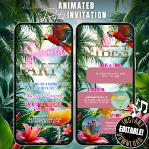 May include: Animated digital invitation for a summer party. The design features a vibrant tropical theme with a parrot, cocktails, and floral elements. Includes event details such as date, time, location, and attire. The invitation is instantly editable and downloadable.
