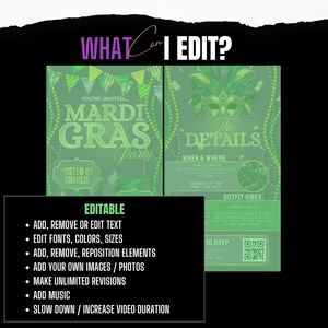 Peut inclure: Une invitation verte pour une f&ecirc;te de Mardi Gras avec le texte "Mardi Gras Party" et "The Details". L'invitation comprend des options modifiables telles que le texte, les polices, les couleurs et les images. Elle inclut un code QR.