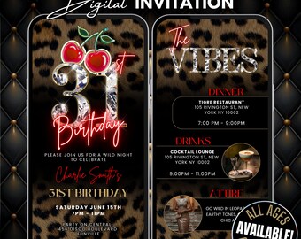 31st Cheetah Print Birthday Invitation & Vibes Leopard Print Evite, Animated Red Cherry Party Flyer, Adult Birthday Dinner and Drinks Invite