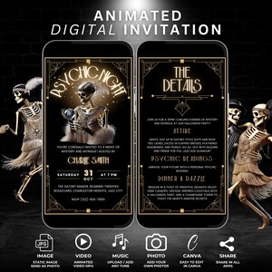 Könnte beinhalten: Animierte digitale Einladung zu einer Psychic Night Halloween-Party. Die Einladung zeigt ein Skelett in einem Flapper-Kleid, das eine Kristallkugel hält. Die Einladung enthält Details zur Veranstaltung, einschließlich Datum, Uhrzeit, Ort, Kleidung und Aktivitäten.