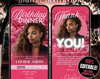 Floral Birthday Dinner Invitation Digital Birthday Party Invite Video, Dinner Invite with Photo Self Editable Template, Pink Rose Flyer