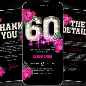 Womens tropische 60 en fantastische verjaardagsuitnodiging, geanimeerde uitnodiging 60e Fiesta Party, Hawaiiaanse verjaardag BBQ-uitnodiging, zestig digitale Evite