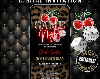Cheetah Print Birthday Game Night Invitation Template, Animated Neon Red Cherry Game Night Invite, Jungle Glam Birthday Party Invite Leopard