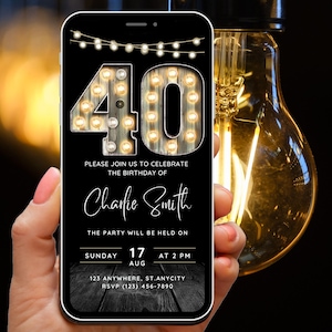 40th Birthday Party Invitation for Men, Forty Invite for Adults, Phone Invitation, Marquee Number Invite, Digital Invite for him, Evite