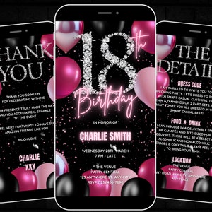 Girls 18th Birthday Video Invitation, Diamond Animated Invite, Digital blush pink 18th Birthday Party invite, Girls 18 diamond party Evite