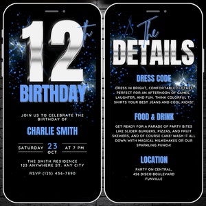 Boys 12th Birthday Invitation, Animated Silver Blue 12 Birthday Party Invite, Editable Digital Canva Template Twelve Bday Evite with Details