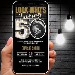 Invito per il 50° compleanno da uomo carica la tua foto, modello Canva per volantino di invito digitale per il 50°, 50 Party Evite, invito mobile modificabile