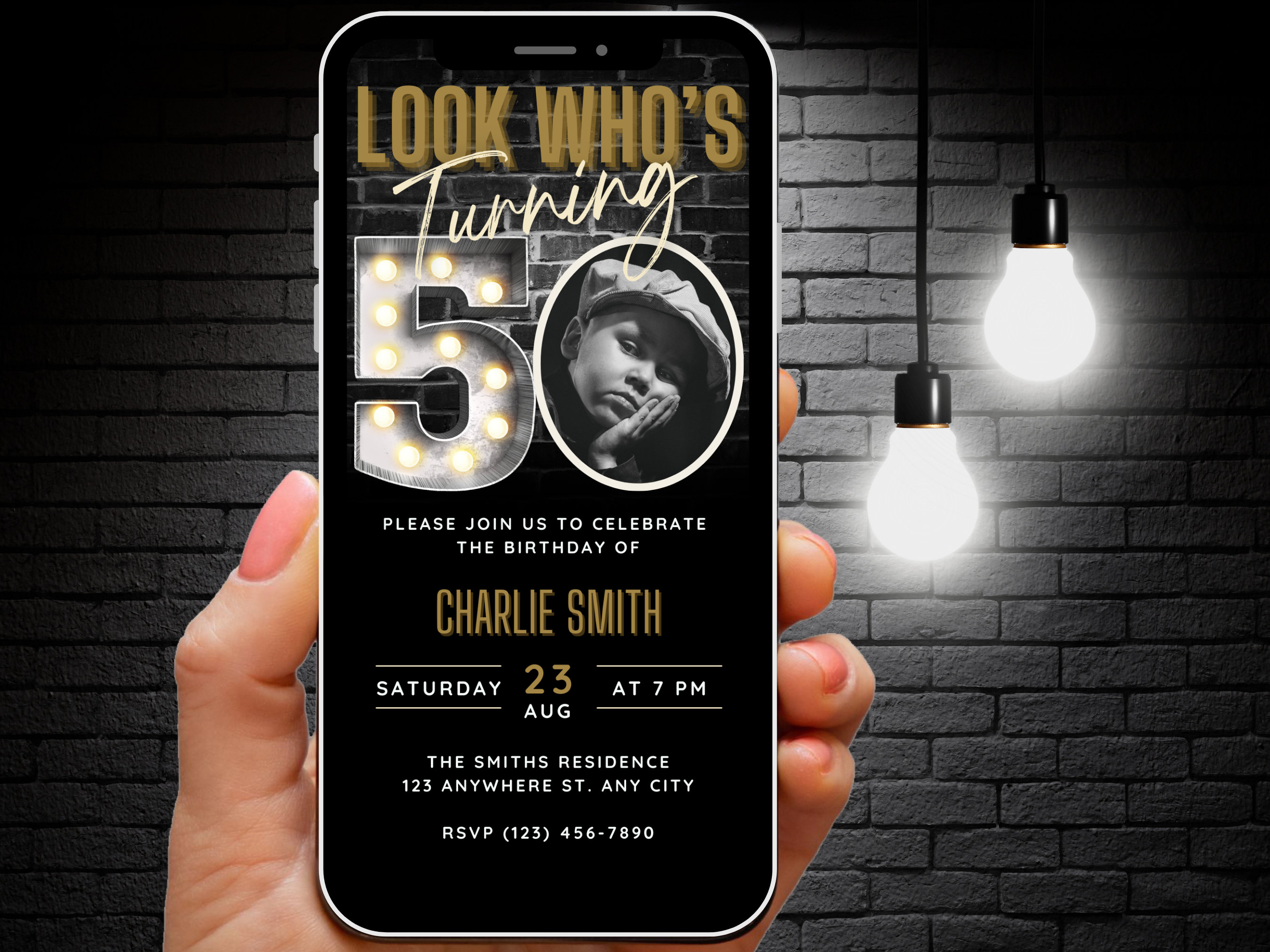 Mens 50th Birthday Invitation upload your own photo, 50th Digital Invite Flyer Canva Template, 50 Party Evite, Editable Mobile Invitation