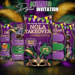 Puede incluir: Invitación digital animada para un evento temático de Nueva Orleans. El diseño presenta un fondo púrpura con plumas doradas, verdes y moradas, una máscara dorada y el texto "NOLA TAKEOVER". Incluye detalles del evento e información de RSVP.