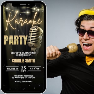 Convite digital animado para noite de karaokê, convite para festa de karaokê personalizável, convite para festa cantando junto, convite de aniversário de karaokê, evento musical divertido