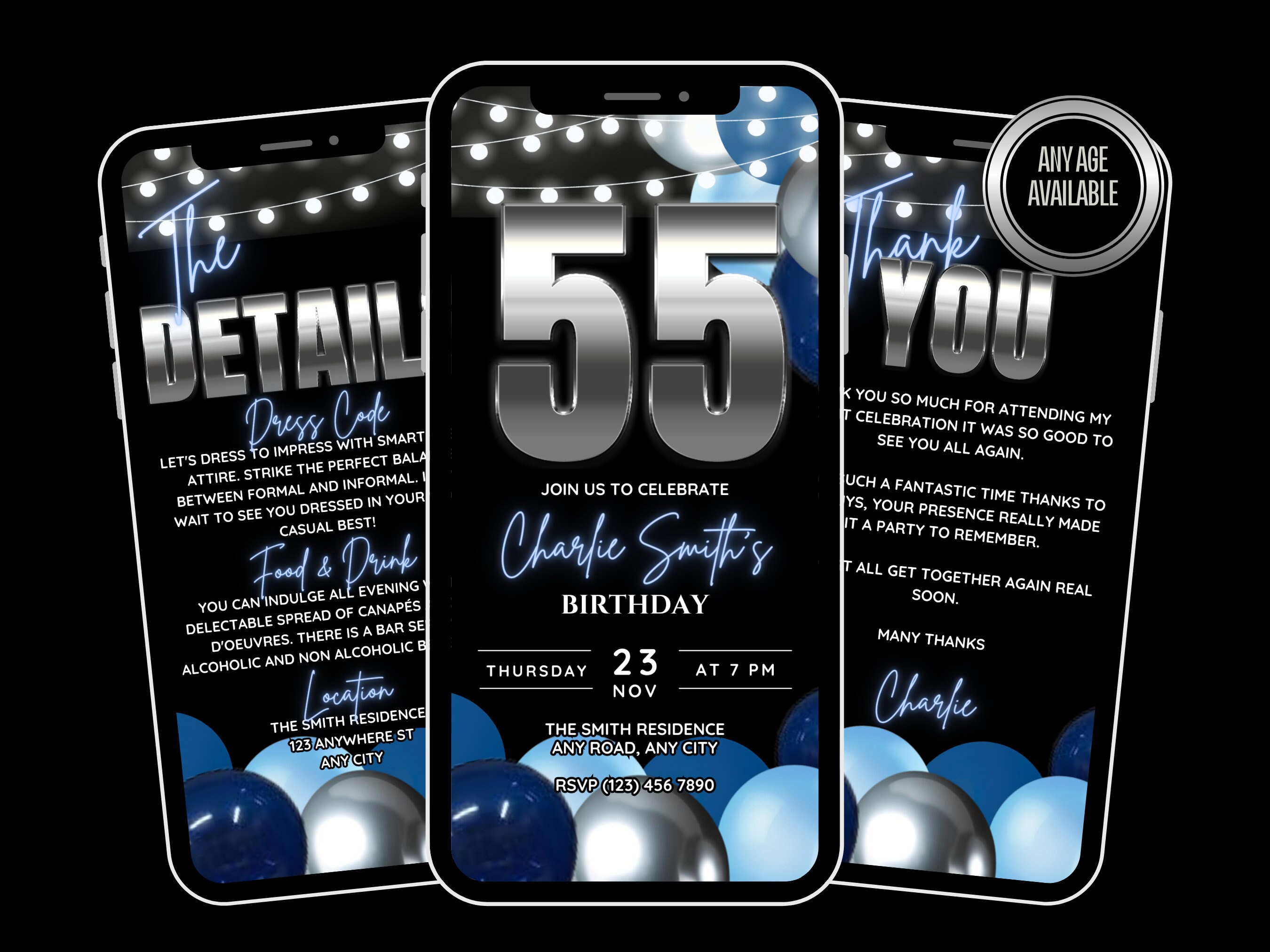 55th Birthday Invite for men, Animated Blue 55th BBQ Birthday evite. Editable Template mens man cave bday. Backyard birthday party for him