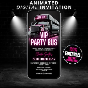 Digital VIP Party Bus Birthday Invitation Template, Self Edit Limo Party Invitation, Pink Birthday Party Bus Invite, Party Bus Evite