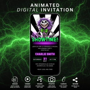 May include: A digital Halloween invitation displayed on a smartphone. The design features a cartoon character with purple hair and a green bow tie, with the word "SHOWTIME!" in neon purple. The invitation includes party details and RSVP information.