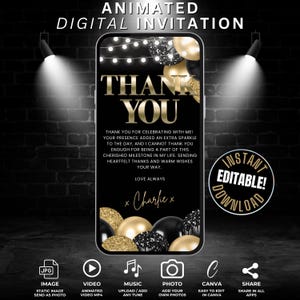 Digitale Dankeskarte Video für Handy, bearbeitbare Schwarz-Gold-Ballon-Geburtstags-Dankeschön-Notiz eCard Geschenk Dankesnachricht