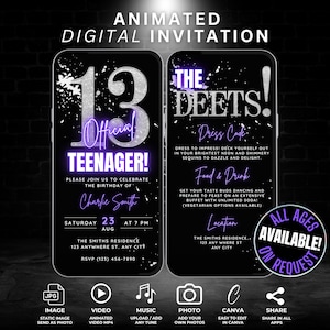 13. Geburtstagseinladung für Mädchen, animierter offizieller Teenager invite Purple & Silver Video Invite Digital 13 Bday Party Evite Milestone