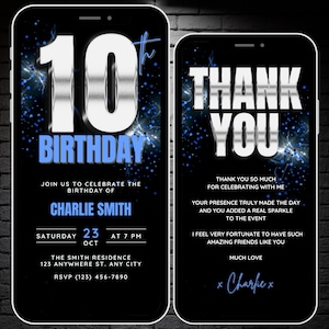 Faire-part 10e anniversaire pour garçons, 10 invitations animées argentées et bleues, modèle de toile numérique modifiable, dix invitations, carte virtuelle de remerciement