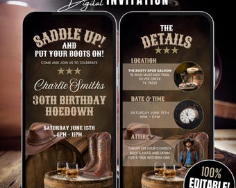 Invito animato per festa di compleanno Western Hoedown, invito "Salta in sella e mettiti gli stivali", invito Cowboy, modello Canva Rodeo digitale fai da te