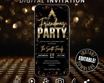 Digital Friendsmas Christmas Party Invitation Template, Christmas Party Invite, Friends Christmas Cocktail Party Evite, Xmas Invite Phone