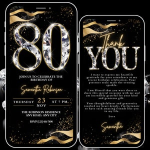 Convite de aniversário de 80 anos preto e dourado, convite de aniversário de 80 anos de diamante digital, 80º Evite de luxo e cartão de agradecimento, convite de festa de 80 anos