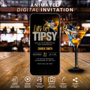 Animowane zaproszenie na wieczór gier dla dorosłych Let's Get Tipsy Party Invite, zaproszenia na karty, ulotka na wieczór gier urodzinowych Cocktail, edytowalny szablon Evite