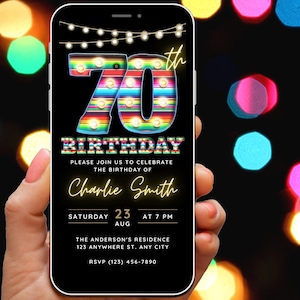 Editable 70th Birthday Invitation Template Digital Invite for women, 70th Birthday Invite, Marquee Fiesta Fun 70 Bday Summer Party Evite