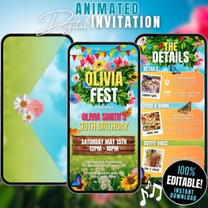 Digitales Festival Style Geburtstagsfeier-Einladung animiert, Sommerfest Bday Reiseweg einladen, Kidchella einladen Coachella Evite, Gartenparty