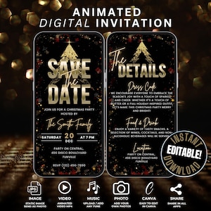 May include: Animated digital invitation for a Christmas party hosted by The Smith Family. The invitation features a gold and red Christmas tree with the text "Save the Date" and details about the party, including the date, time, location, and dress code. The invitation is designed to be shared on social media.