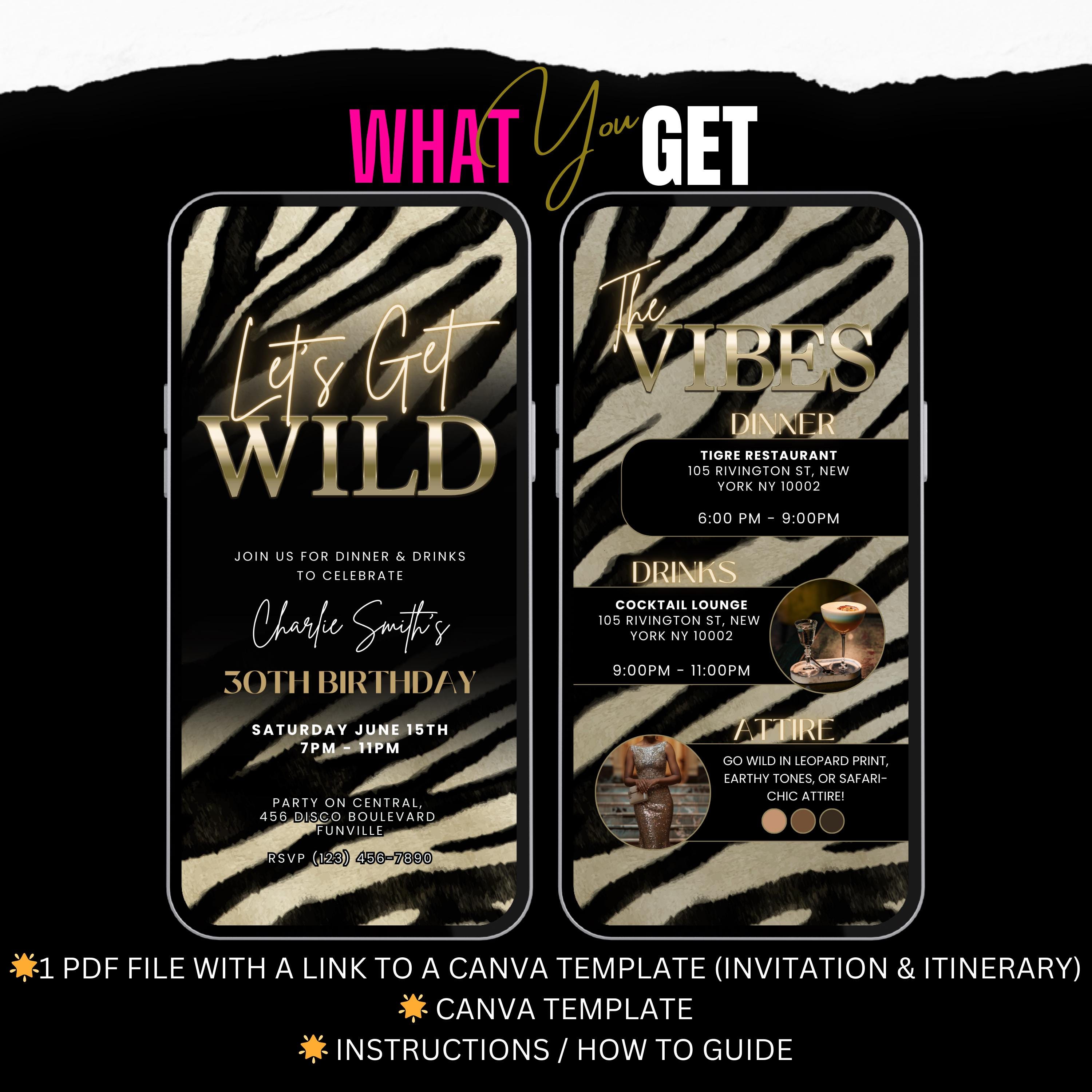 Zebra Print Birthday Dinner & Drinks Invitation Template, Animated