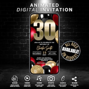 Convite de vídeo para 30º aniversário, modelo digital Canva, balão vermelho, preto e dourado editável, marco de 30 anos, convite para jantar de 30 anos