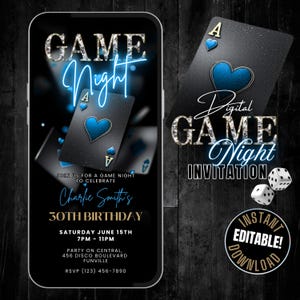 Digital Birthday Game Night Invitation Template, Animated Blue Black & Gold Poker Night Party Invite, Casino Game Night Flyer Editable