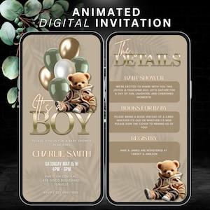 Modello di invito digitale per baby shower a forma di orsetto di peluche, invito modificabile per "It's a Boy Bear", "We Can Bearly Wait", invito per baby shower a tema giungla