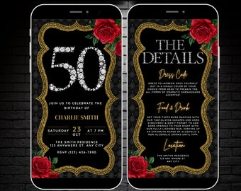 Womens 50th Birthday Invitation Template, Black Gold 50th Invite Digital with a Glamorous Burlesque Theme with matching Details page Evite