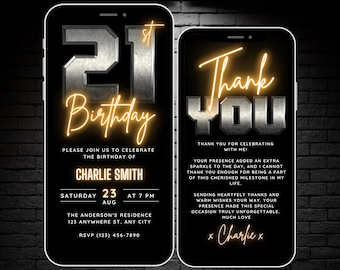 Digital 21st Birthday Invitation for Men 21 Invite Flyer, Rustic Metal 21st Party Invite for Him, Editable Thank You eCard Canva Template