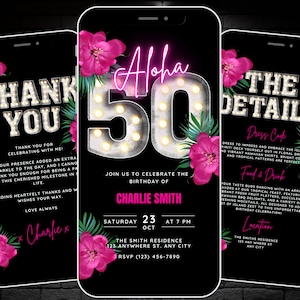 Aloha 50 Geburtstagseinladung, Animierte 50th Invite, Hello 50 Birthday Einladung, Tropical Party Evite, Handy Invite, Details & Dankeskarte