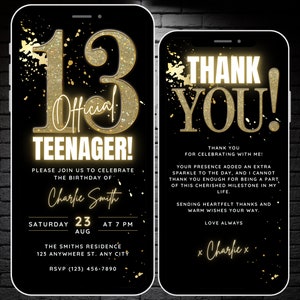 Mädchen animierte offizielle Teenager einladen, Gold 13.Geburtstagseinladung Junge Video einladen Digitale 13 Bday Party Evite Vorlage, Dankeskarte