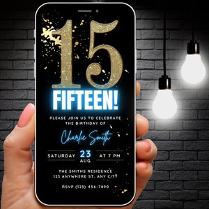 Invitación animada a la fiesta de cumpleaños número 15 para niñas, folleto de invitación digital de 15 cumpleaños, plantilla editable de quince evitados de neón dorado y azul