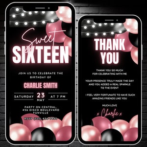 Invitation filles Sweet 16, 16e anniversaire, ballon numérique rose poudré, fête d'anniversaire vidéo Sweet 16 Evite et remerciement, carte virtuelle, modèle Canva
