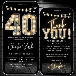 40. Geburtstagseinladung für Männer, 40. Geburtstag einladen Digital, rustikale Partyeinladung, Festzeltlichter, bearbeitbar 40 Evite & Danke eCard