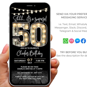 May include: A digital invitation on a smartphone screen for a 50th birthday celebration. The design features a large illuminated "50" with the text "Shhh... it's a surprise!" and event details. Includes social media icons and RSVP information.
