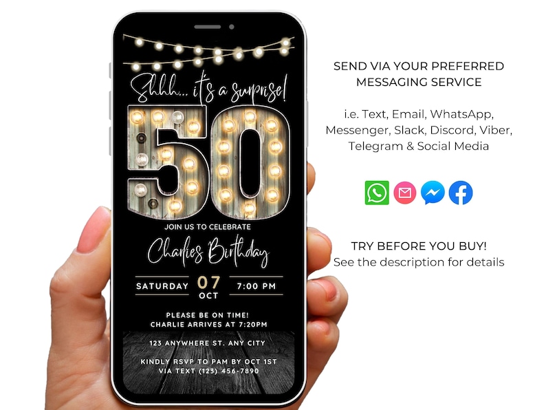 May include: A digital invitation on a smartphone screen for a 50th birthday celebration. The design features a large illuminated "50" with the text "Shhh... it's a surprise!" and event details. Includes social media icons and RSVP information.