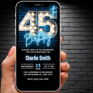 Bearbeitbare Einladung zum 45. Geburtstag für Männer Digitale Vorlage, Einladungen für Erwachsene, Einladung zum 45. Geburtstag Blau, 45. Party Evite Fun Trendy Ecard