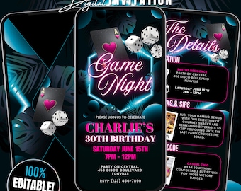 Digital Birthday Game Night Invitation Template Editable Neon Blue Girls Game Night Invite, Adult Game Night Flyer Poker Party Invitation