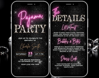 Editable Pajama Party Invitation, Digital Sleepover Slumber Party Birthday Invitation, Neon Pink Girls Pyjama Party Evite with Itinerary