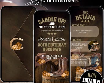 Digital Western Themed Birthday Hoedown Party Invitation, Saddle Up Cowgirl, Boots on The Ground Invite Boots & Bling Evite Rodeo Flyer DIY