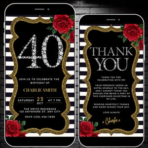 女性向け 40 歳の誕生日招待状テンプレート、編集可能な赤い花柄の 40 歳の誕生日招待状、ギャツビー バーレスク テーマ、サンキュー e カード付き、40 歳の誕生日招待状