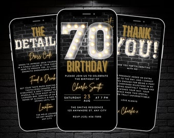 70th Birthday Invite for Men, 70th Invitation Digital, Editable Black & Gold Invitations with Details and Thank You eCard, Seventy Evite