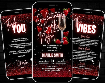Animated Galentines girls night Invitation Template, Editable Red valentines ladies night Invite, Digital womens night out party Evite